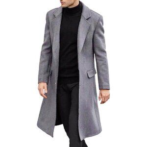 Men's Grey Slim Fit Notched Collar Long Casual Trench Coat with Pocket